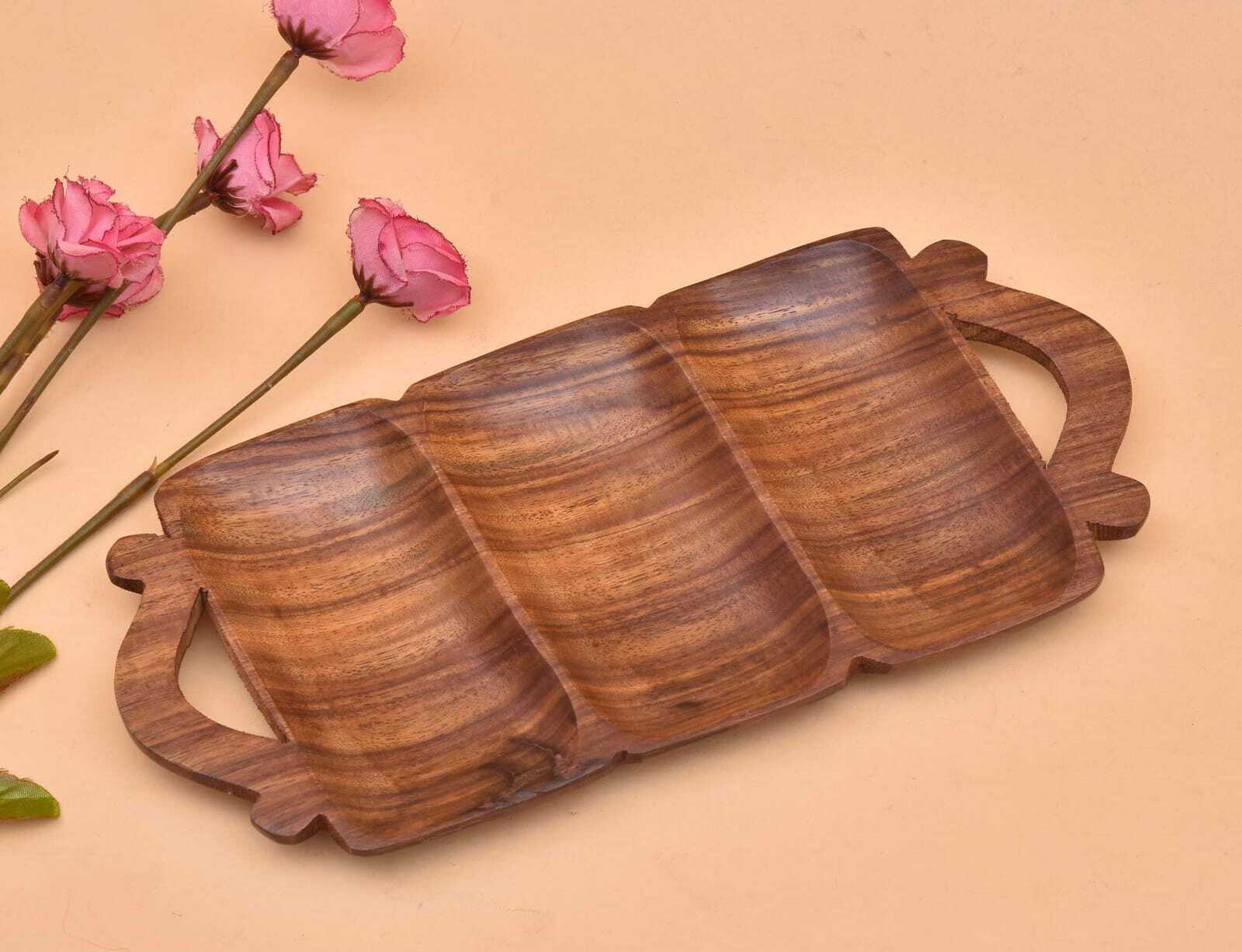 3-Section Handle Wooden Dry Fruit Tray gallery image 5