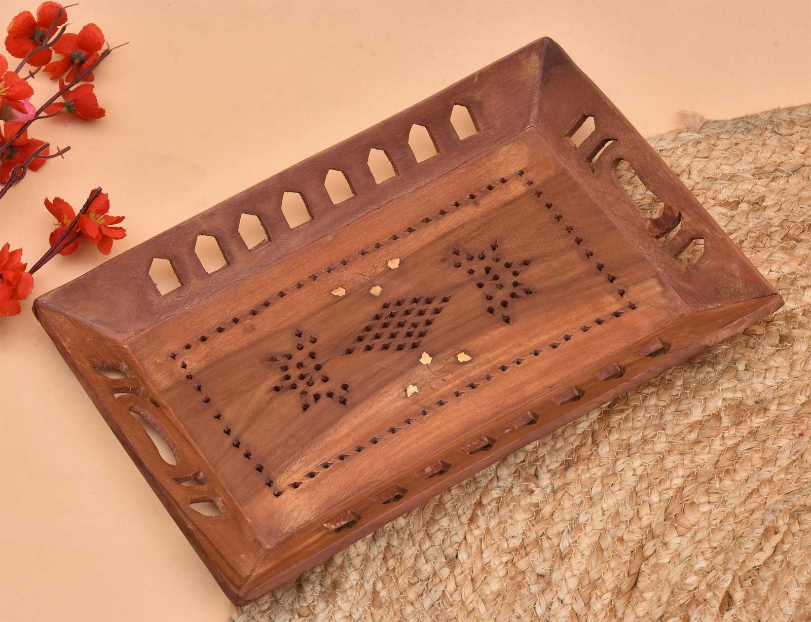 Carved Rectangular Wooden Serving Tray with Cut-Out Handles