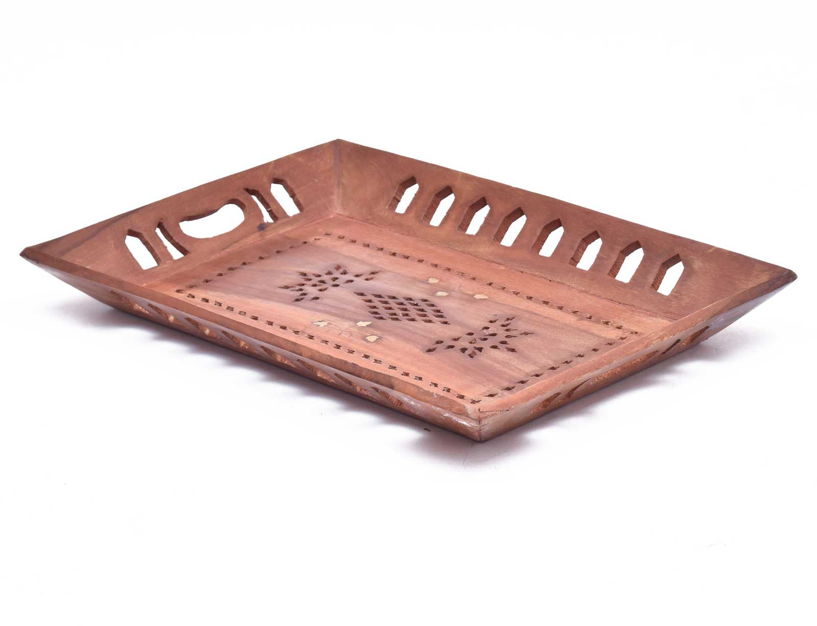 Carved Rectangular Wooden Serving Tray with Cut-Out Handles gallery image 2