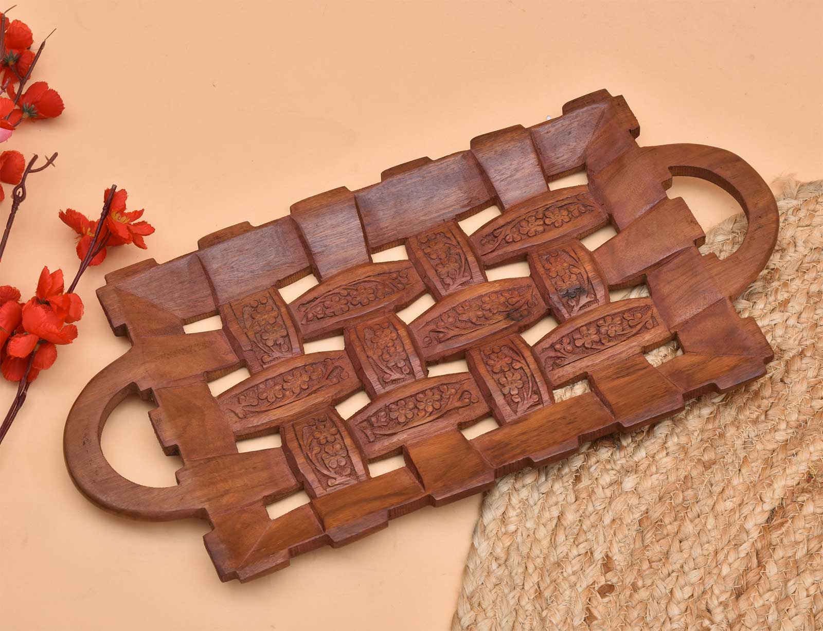 Carved Rectangular Wooden Serving Tray with Cut-Out Handles gallery image 5