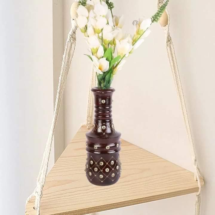 Carved Wooden Bud Vase with Brass Stud Inlay