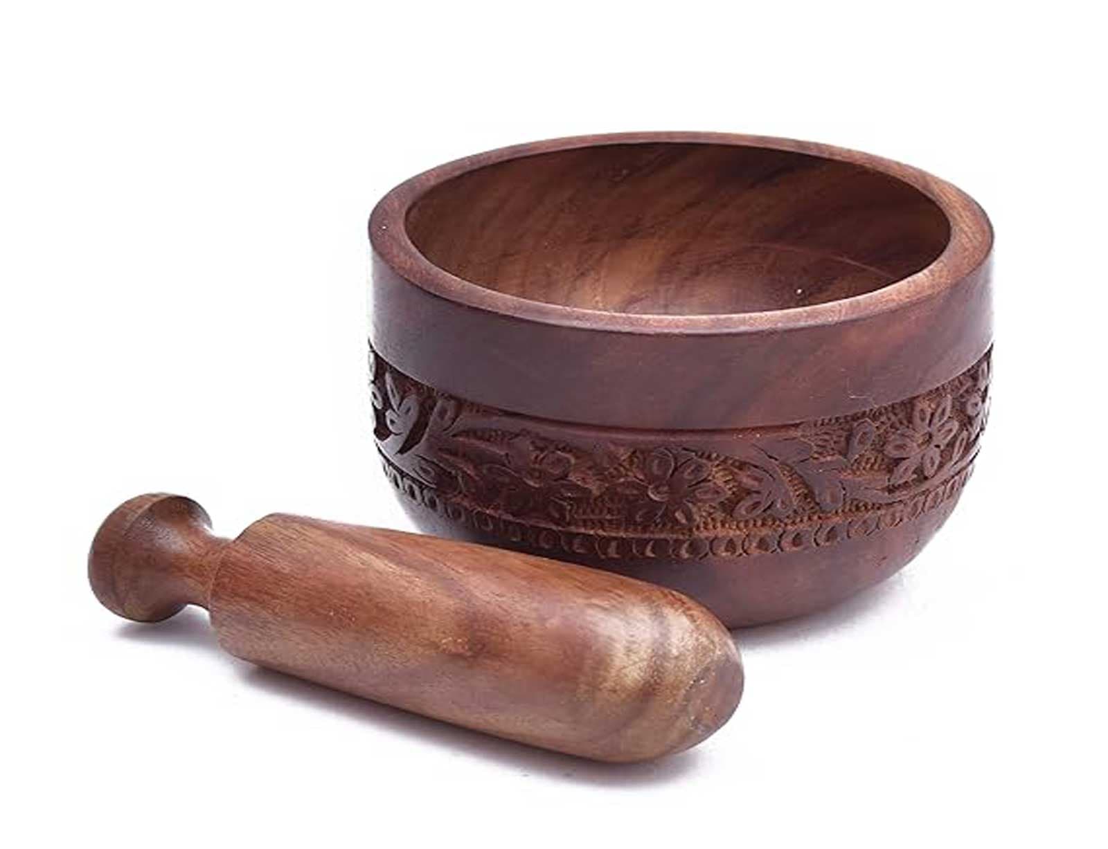 Carved Wooden Okhli Mortar & Pestle Set