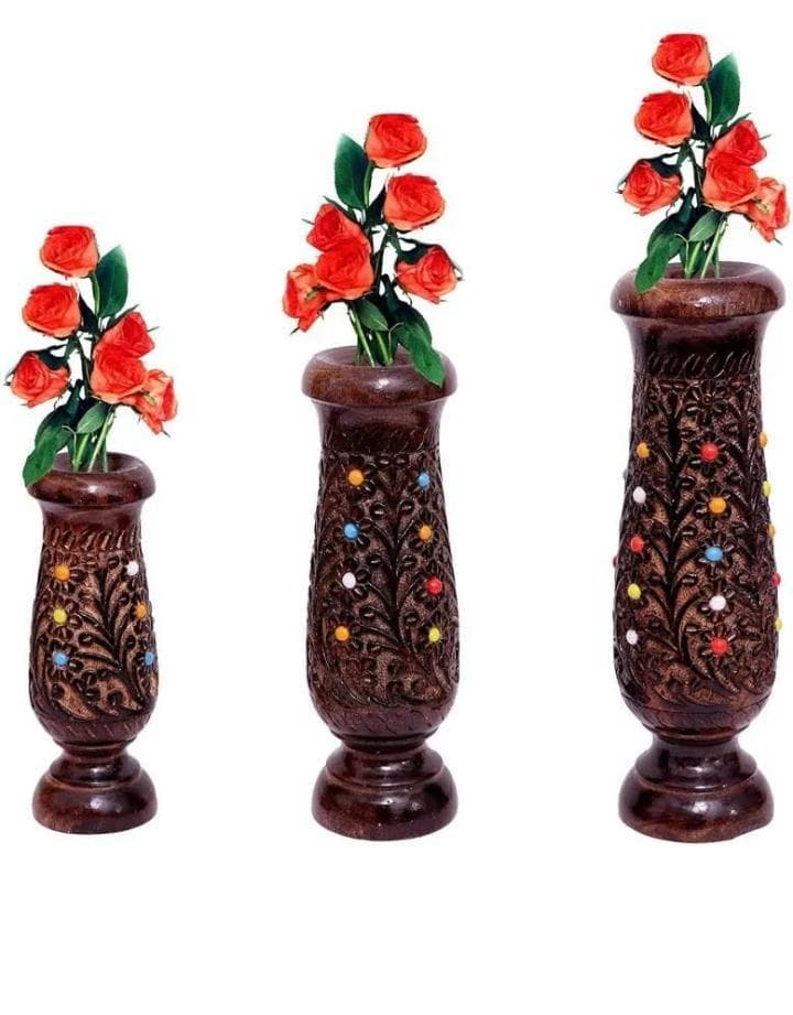 Hand-Carved Wooden Flower Vase (Set of 3, Graduated Sizes)