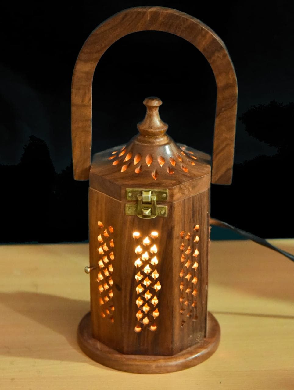 Hexagonal Carved Wooden Lantern Lamp gallery image 7