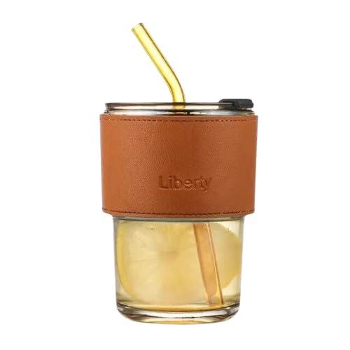Inarkaa 435ml Bamboo Joint Glass Cup with Leather Sleeve, Lid & Straw | Borosilicate Glass Sipper Tumbler for Coffee, Tea, Juice & Smoothies | Hot & Cold | Home, Office & Travel thumbnail 1