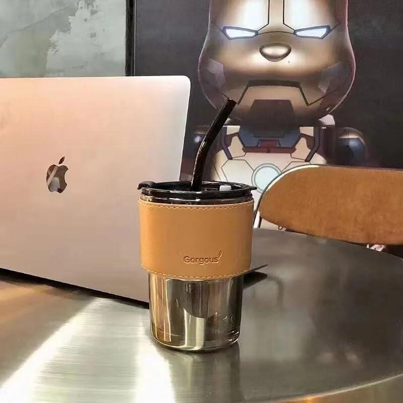 Inarkaa 435ml Bamboo Joint Glass Cup with Leather Sleeve, Lid & Straw | Borosilicate Glass Sipper Tumbler for Coffee, Tea, Juice & Smoothies | Hot & Cold | Home, Office & Travel thumbnail 2