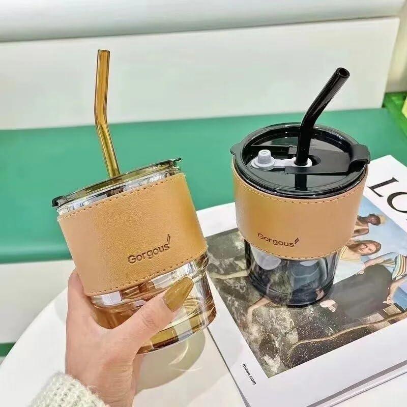 Inarkaa 435ml Bamboo Joint Glass Cup with Leather Sleeve, Lid & Straw | Borosilicate Glass Sipper Tumbler for Coffee, Tea, Juice & Smoothies | Hot & Cold | Home, Office & Travel thumbnail 3